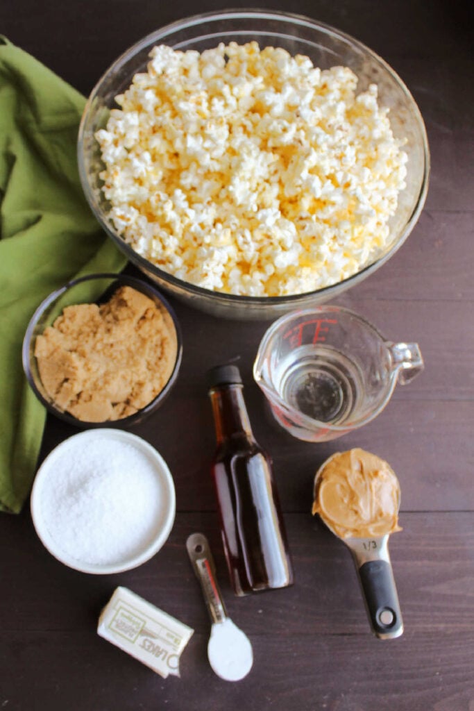Crunchy Peanut Butter Popcorn 1 Ingredients: popcorn, peanut butter, corn syrup, brown sugar, peanut butter, vanilla, baking soda, butter and salt ready to be made into caramel peanut butter popcorn.
