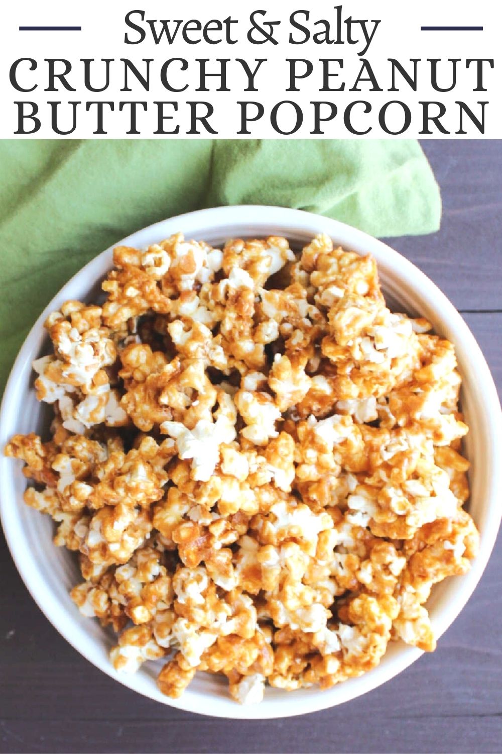 Crunchy peanut butter popcorn has that perfect sweet and salty balance. It is perfect for movie night, game night, tailgates and more!