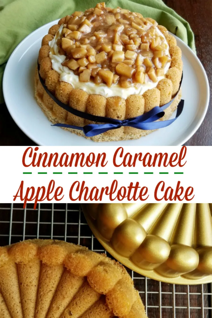 A cinnamon sponge cake in the shape of a classic Charlotte, topped with fluffy whipped cream cheese and plenty of cinnamon and caramel apples. It’s a perfect taste of sweet fall flavors!