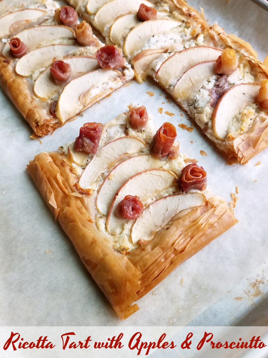 A savory tart with flaky phyllo crust, savory ricotta filling and a healthy dose of apples and prosciutto. It's a perfect fall appetizer or serve it for lunch with a salad.