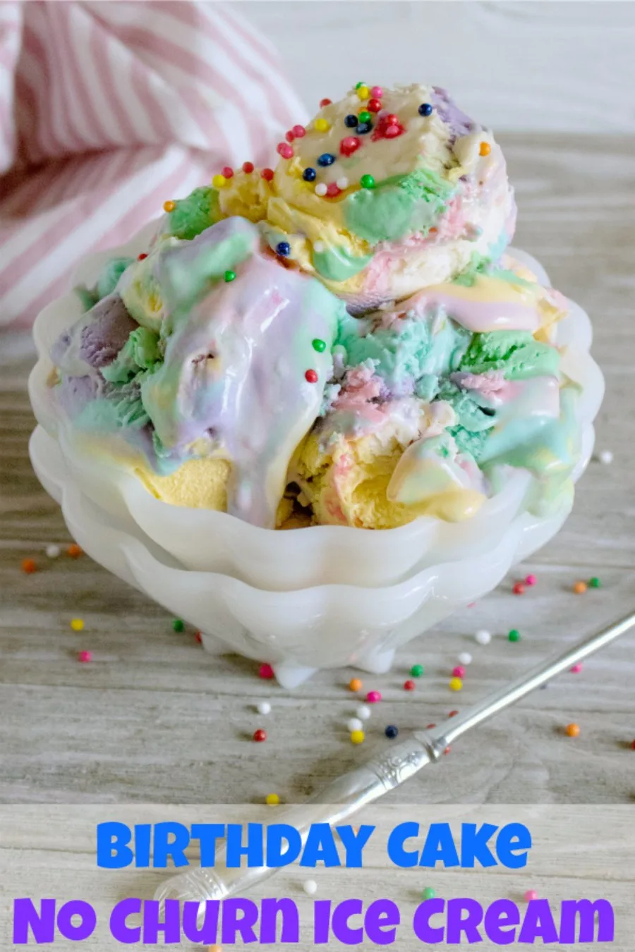 Enjoy the taste of birthday cake in no churn ice cream form! This recipe comes together quickly and can be easily colored to match your party's theme!