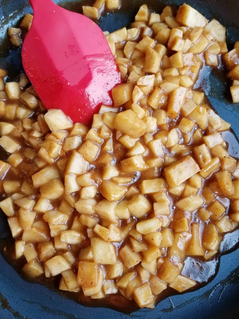 close up of caramelized apples in skillet
