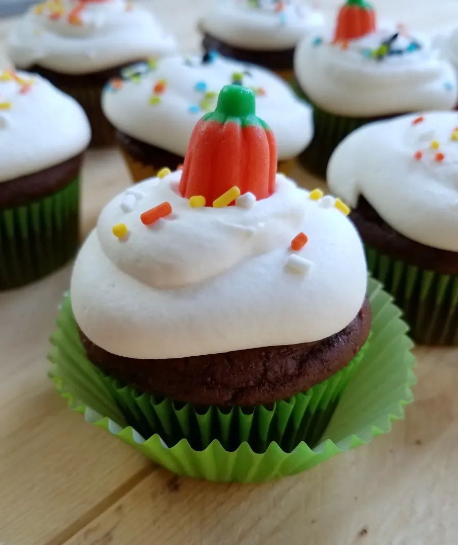 chocolate pumpkin cupcake with frosting and pumpkin candy.