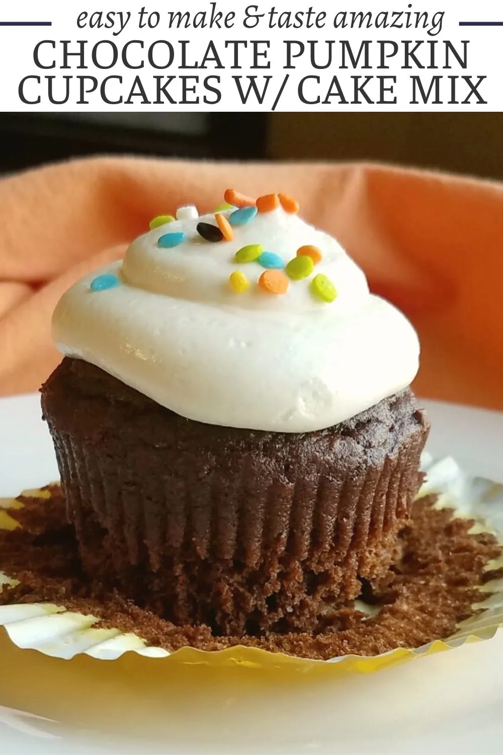 Chocolate pumpkin cupcakes are easy to make with the help of a cake mix. They are the perfect mix of pumpkin spice and rich chocolate cake. The best part is they only take a handful of ingredients to make and they taste delicious.