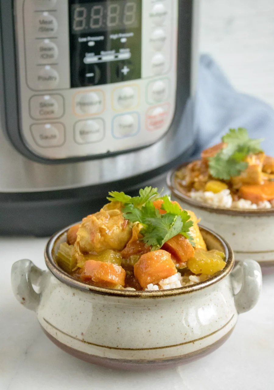 served chicken and veggie curry in front of pressure cooker.