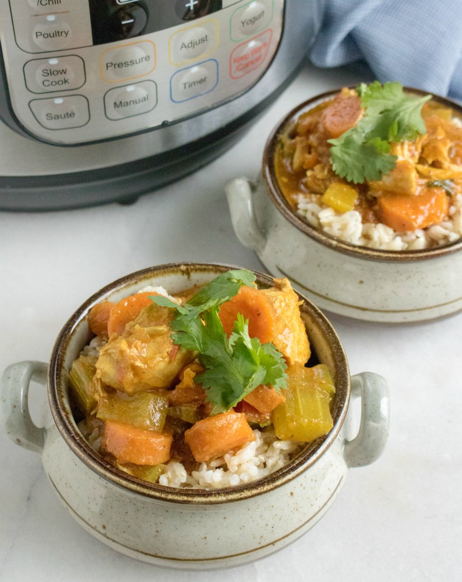 chicken and vegetable curry served over rice in front of instant pot.