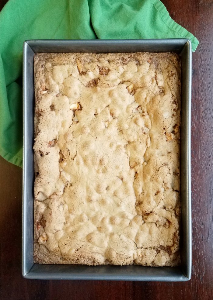 9x13" pan with fresh apple cake waiting for frosting