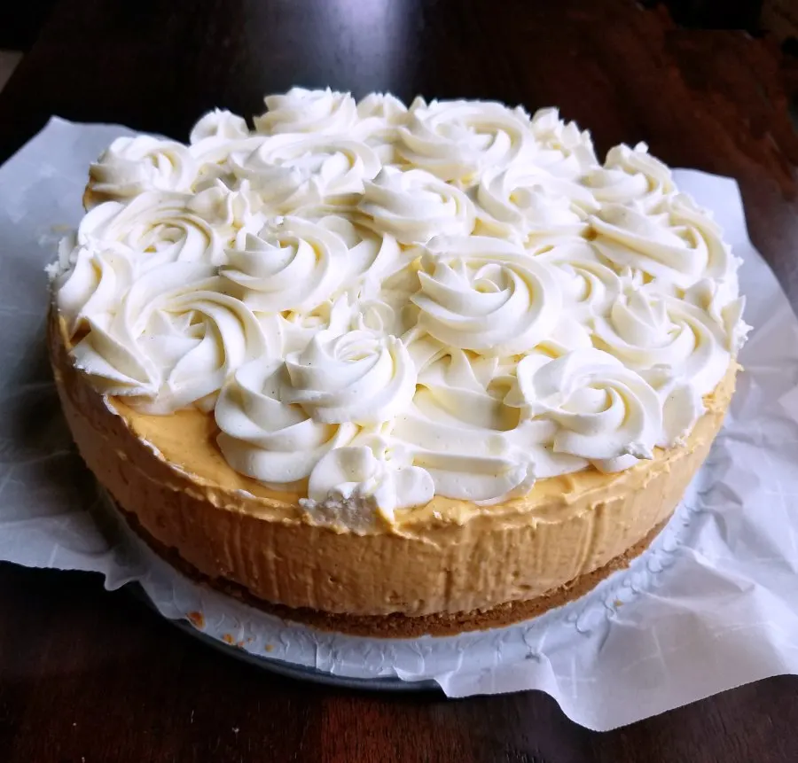 Side view of whole no bake pumpkin cheesecake.