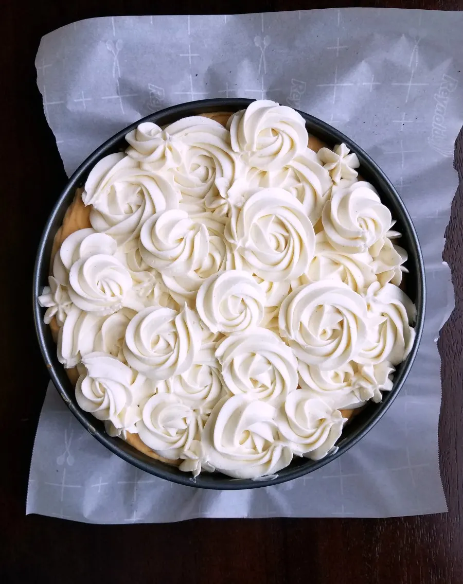 Rosettes of white whipped cream mixture on top of cheesecake.