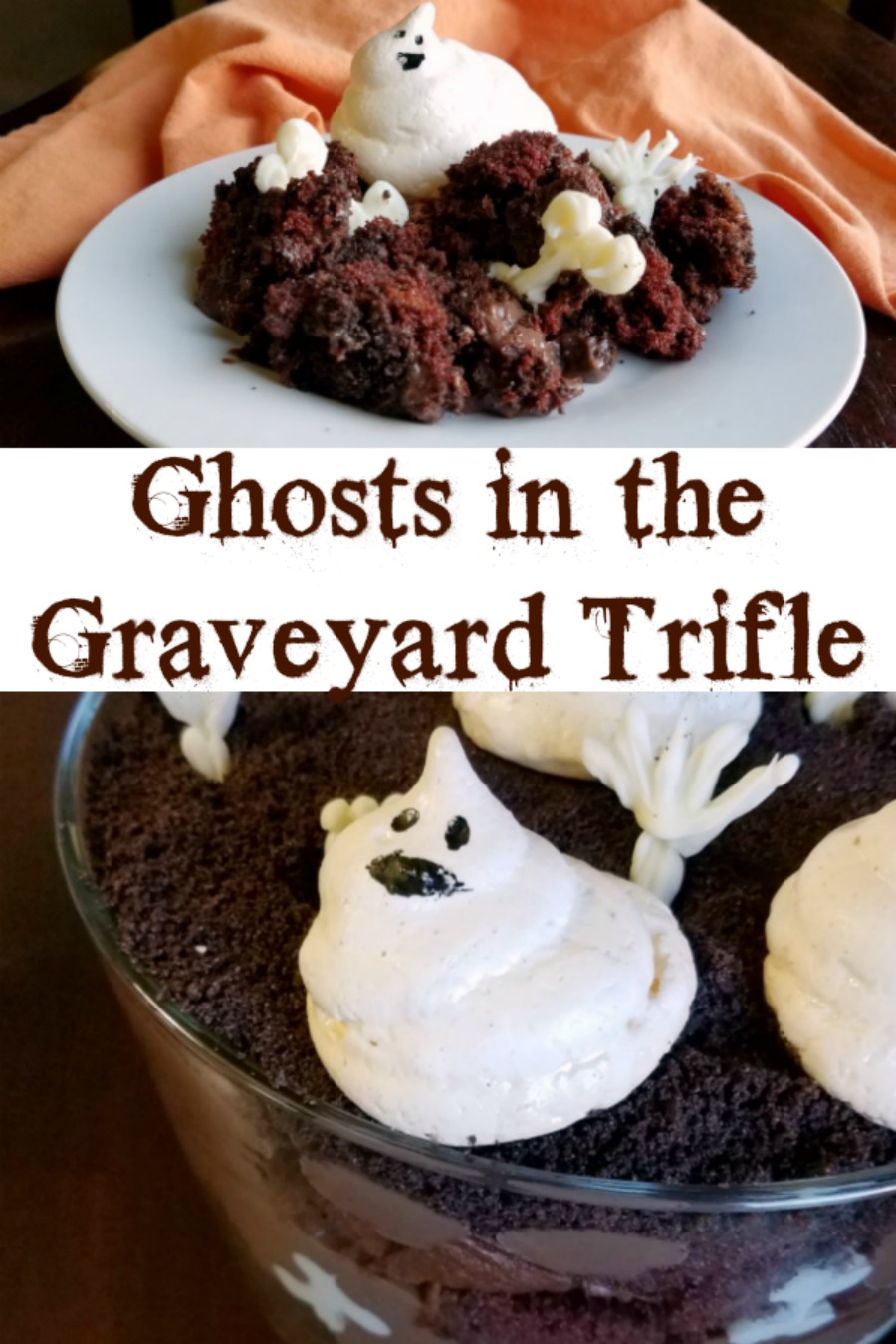 So sweet and so spooooooky! This trifle is full of chocolate goodness with sweet meringue ghosts and white chocolate bones. It's a great Halloween treat!
