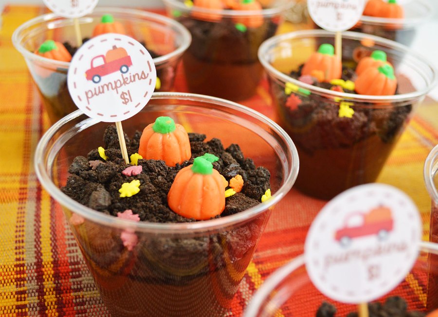 Close up of chocolate dirt pudding topped with candy pumpkins and printed pumpkin truck picks.