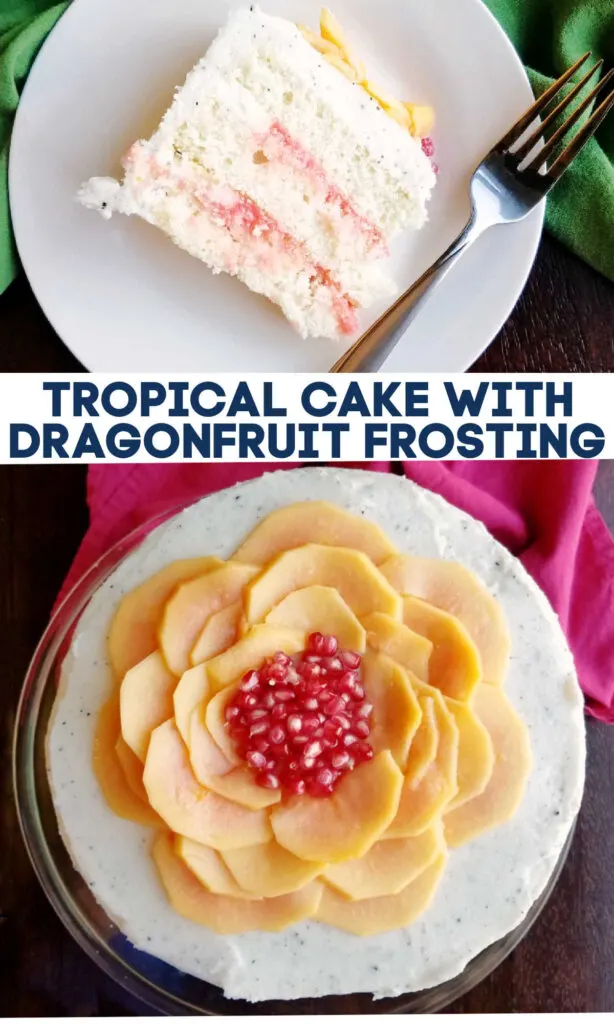 Soft white cake filled with blood orange curd and wrapped in dragonfruit buttercream. This stunning cake is a tropical fruit dream come true!