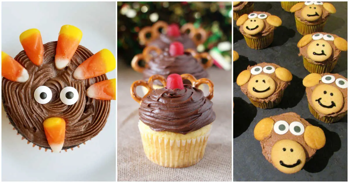 Cupcakes decorated like a turkey, rudolph the red nosed reindeer and monkeys all decorated with chocolate frosting.