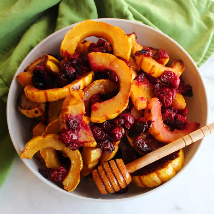 Bowl of honey roasted delicata squash and cranberries ready to eat.