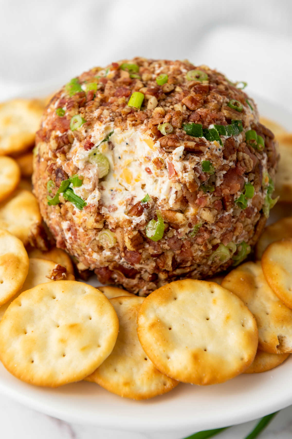 Cheddar bacon ranch cheese ball served with golden crackers.