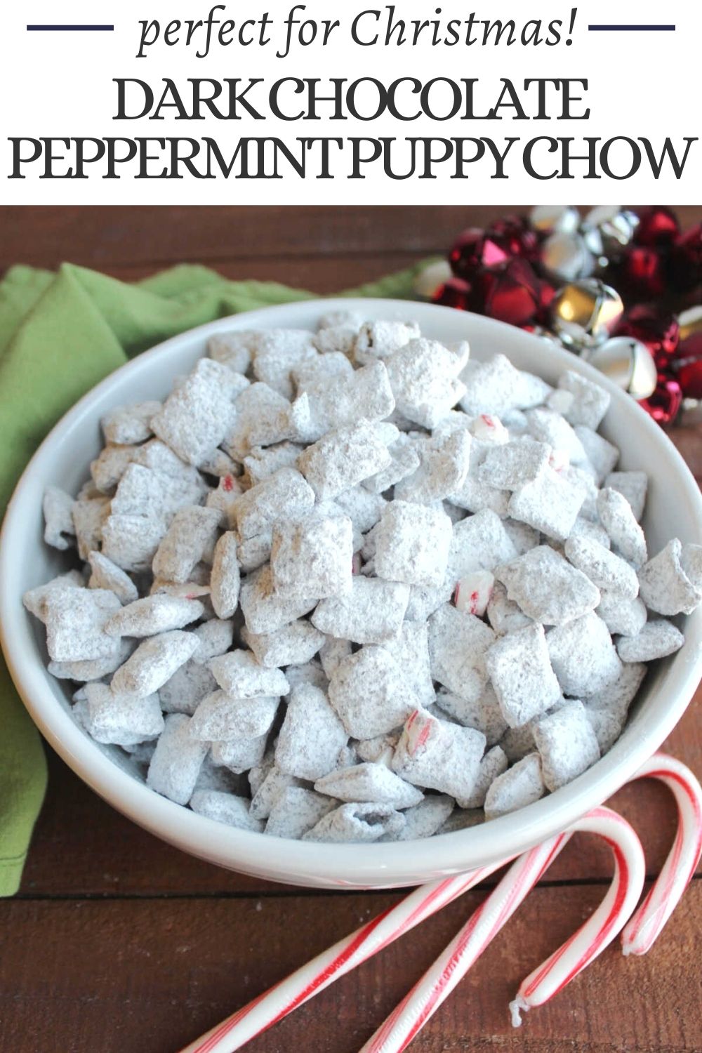 This crunchy and sweet dark chocolate peppermint puppy chow mix is perfect for the Christmas. It only takes a few minutes to make and has the perfect mix of candy canes and chocolate. 