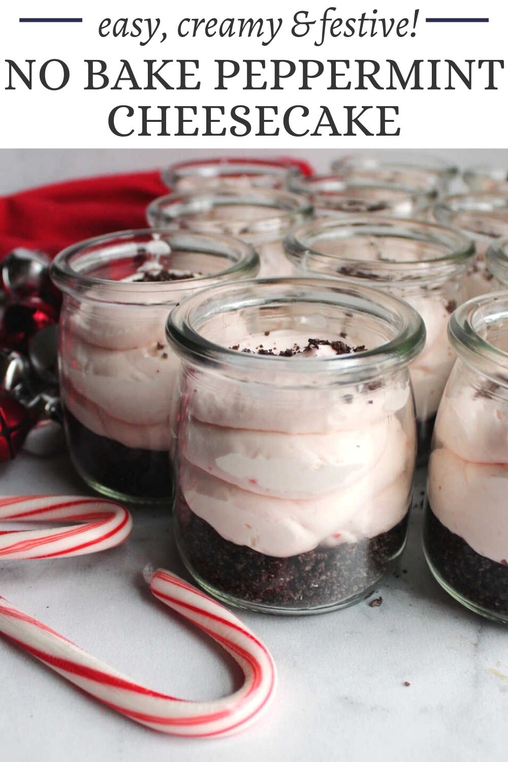 An easy to make no bake cheesecake loaded with candy canes is a perfect addition to your Christmas dessert table. It takes just 6 ingredients and a few minutes to put together and tastes like the holidays! Make it in a springform pan or make it in little jars for cute single serve desserts.
