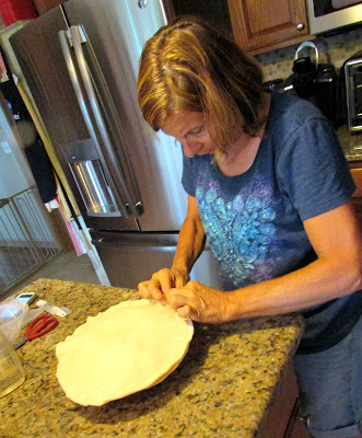 mimi crimping pot pie crust, getting pie ready for baking