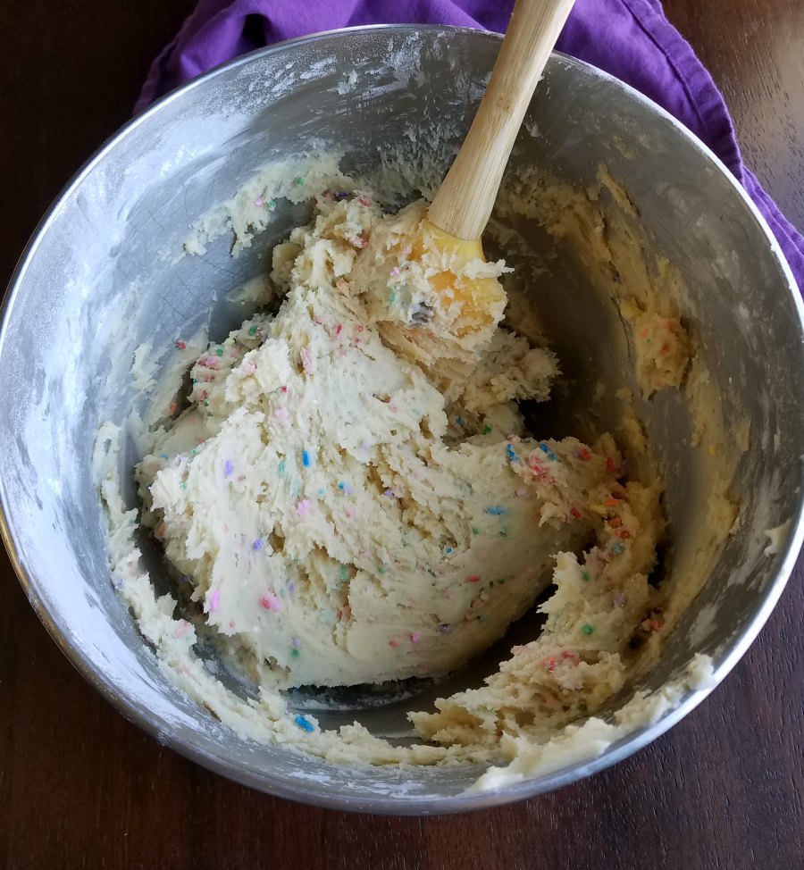 large mixer bowl of cookie dough.