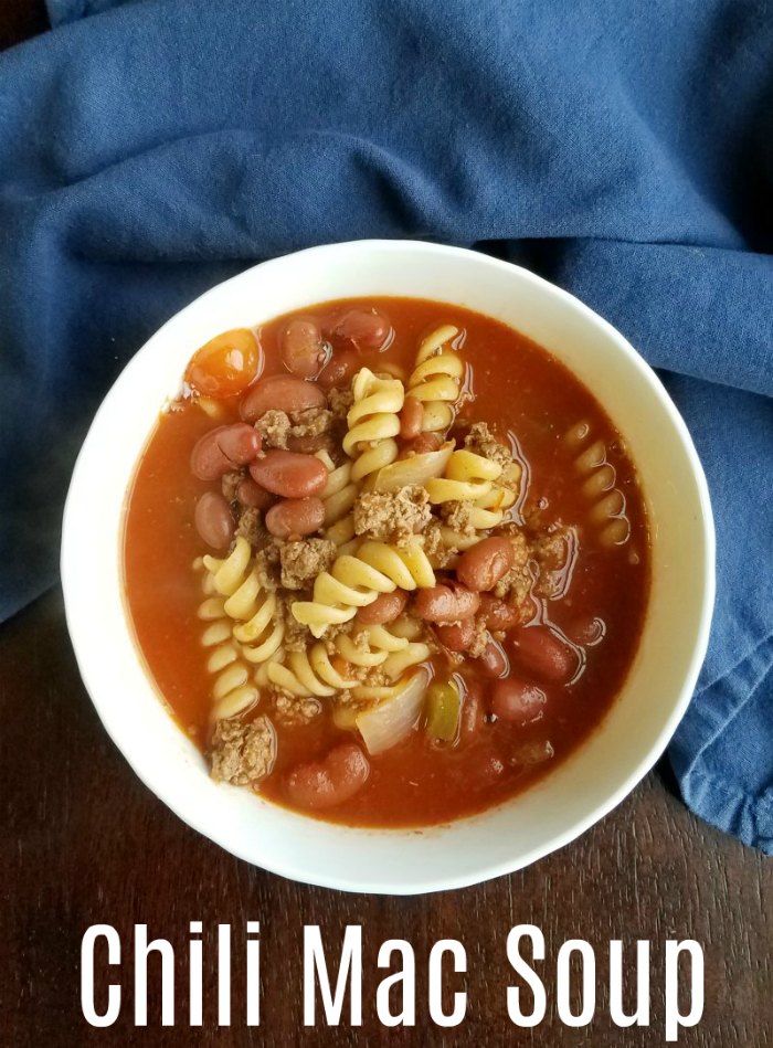 Chili mac soup has the perfect combination of pasta, beef, tomatoes and chili beans for a hearty meal. This is the chili soup we grew up with. It has beef and beans and plenty of macaroni noodles too!