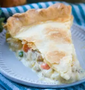 slice of pot pie with creamy chicken and vegetable filling