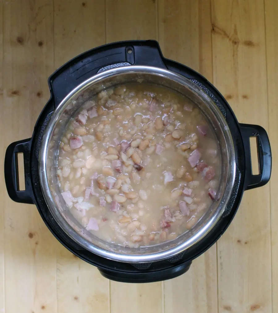cooked ham and beans in instant pot, ready to serve.