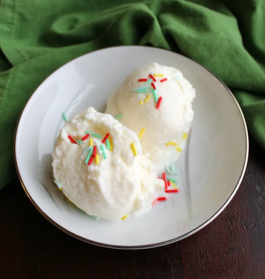 small bowl with two scoops of snow ice cream and colorful sprinkles