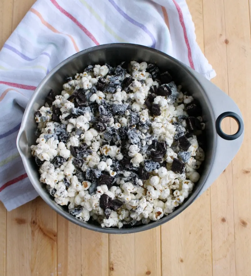 big bowl of cookies and cream popcorn ready to eat.