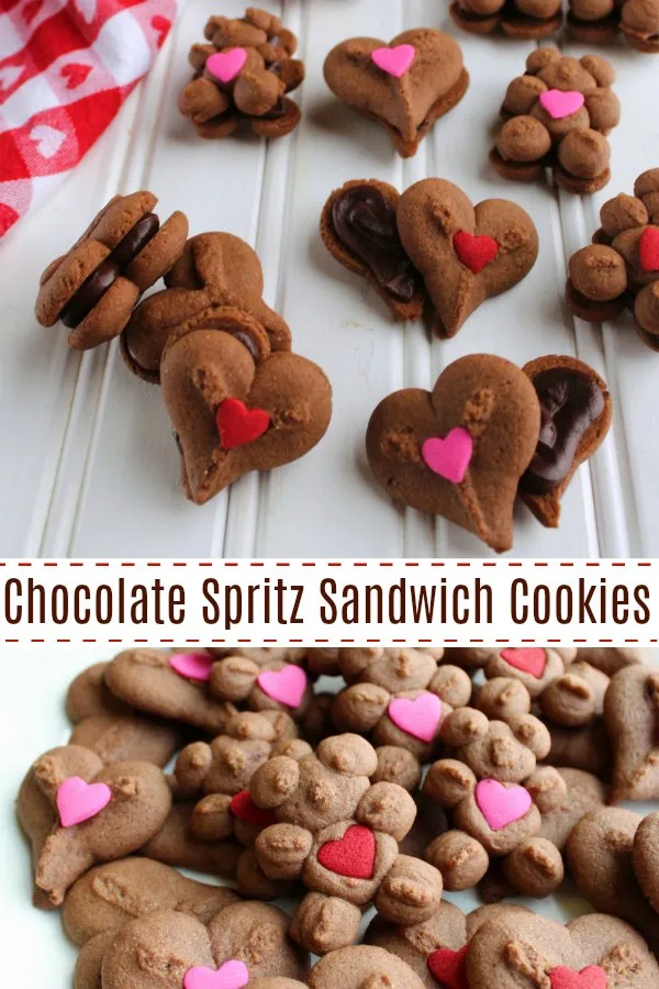 Cute chocolate cookies are just minutes away with fun spritz cookies. Sandwich some ganache frosting between them for an extra delightful dessert treat!