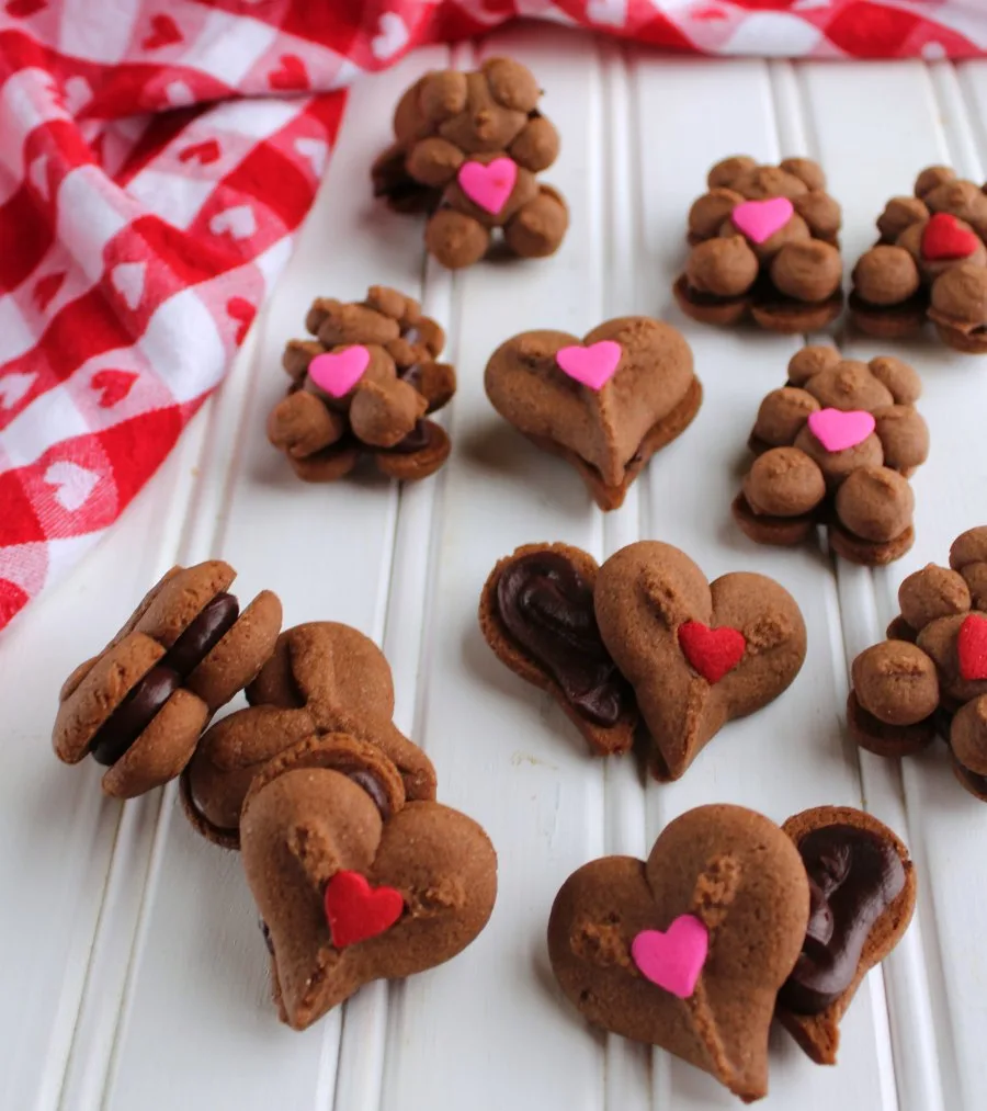 teddy bear and heart chocolate sandwich cookies.