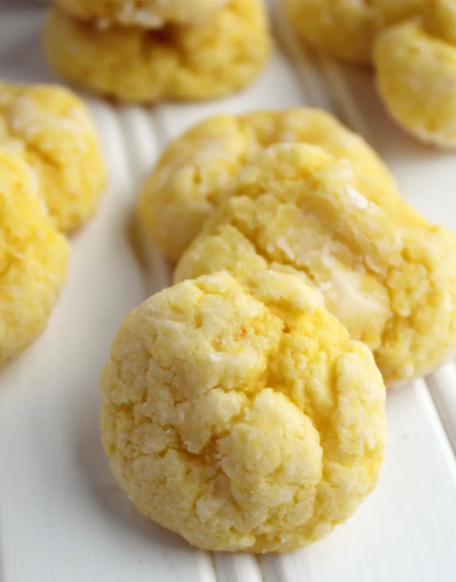 close up of soft pillowy lemon gooey butter cookies.