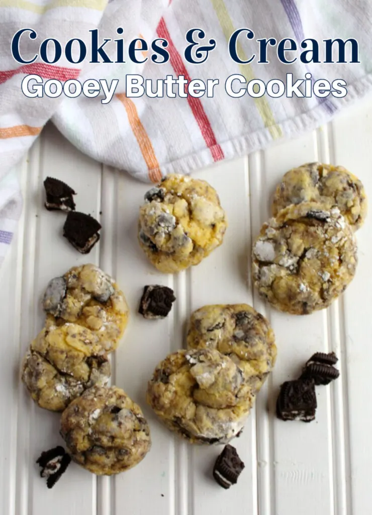 Super simple to make gooey butter cookies dotted with the goodness of chocolate sandwich cookies. These cookies and cream gems are fabulously soft and delicious.