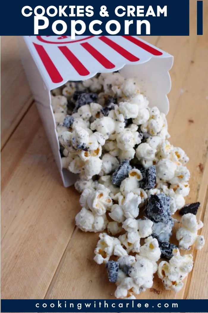A sweet munchable mix of popcorn, chocolate cookies and white chocolate makes for a perfect snack mix. Make it for your next party and watch it disappear!