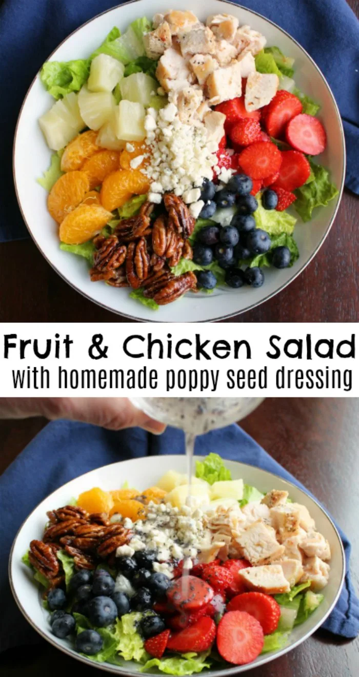 The best part of a salad is always the toppings and this beauty is loaded with the good stuff.  All of the fruit, chicken, nuts and cheese go deliciously with the simple to make poppy seed dressing.  You will find yourself serving salad a lot more frequently after you try this Portillos inspired chicken and fruit poppy seed salad!