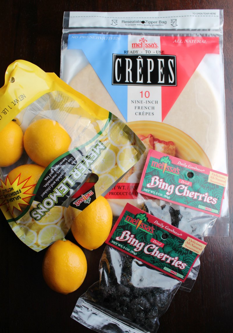 Melissa's premade crepes, meyer lemons and dried bing cherries.