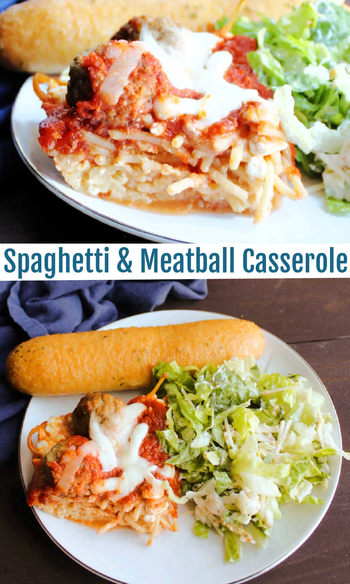 Baked spaghetti and meatball casserole is a fun twist on that classic favorite dinner. It is easier to make than lasagna and more fun too! 
