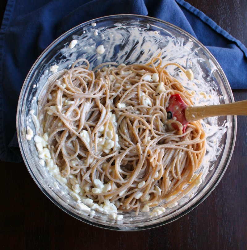 bowl of spaghetti tossed with cottage cheese etc.
