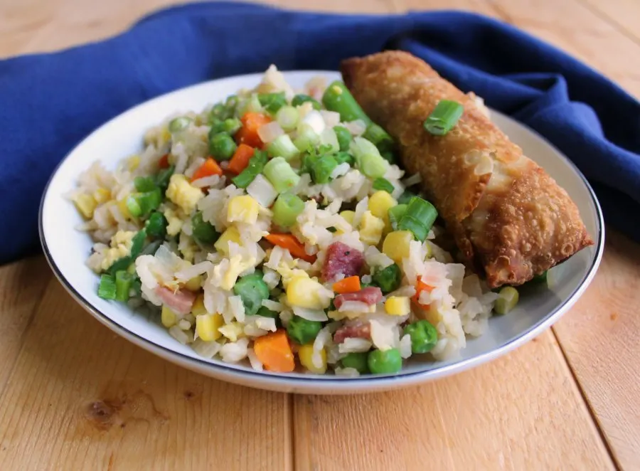 Bowl of fried rice with a golden brown egg roll. 