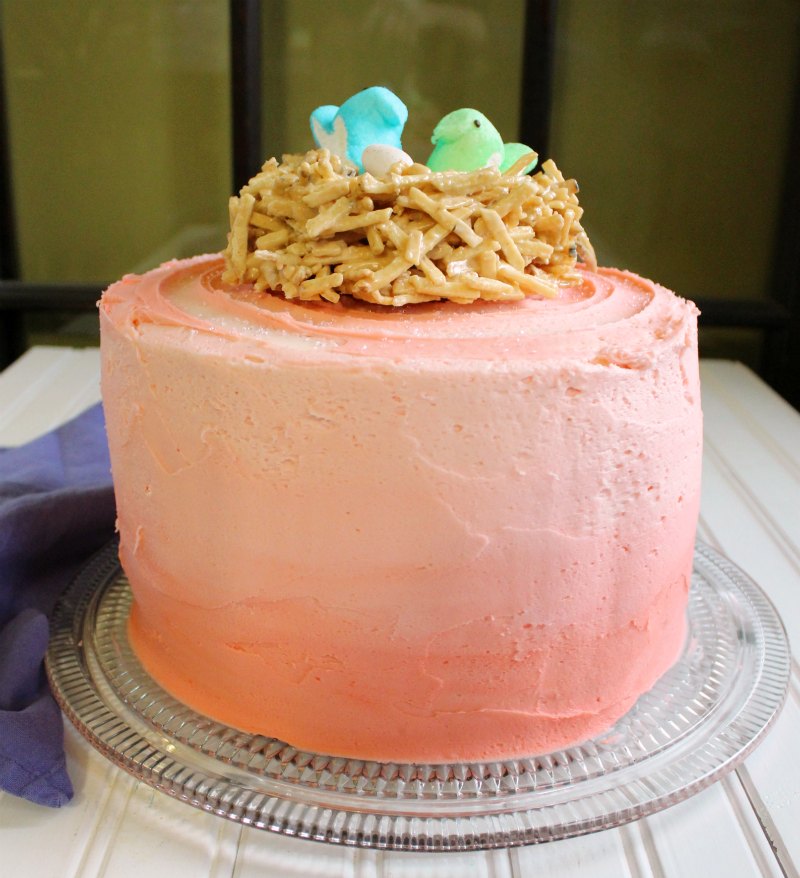 pink ombre layer cake with edible nest and peeps topper