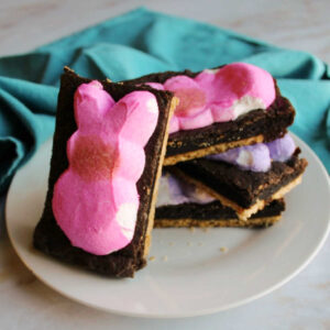 stack of Peeps s'more bars on a plate.