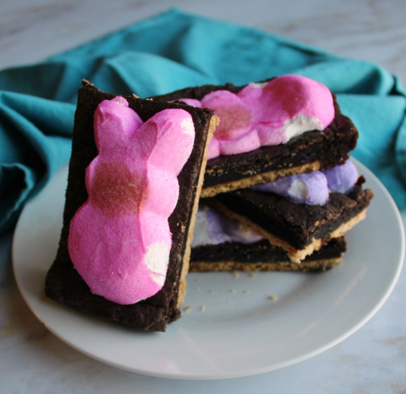 stack of Peeps s'more bars on a plate