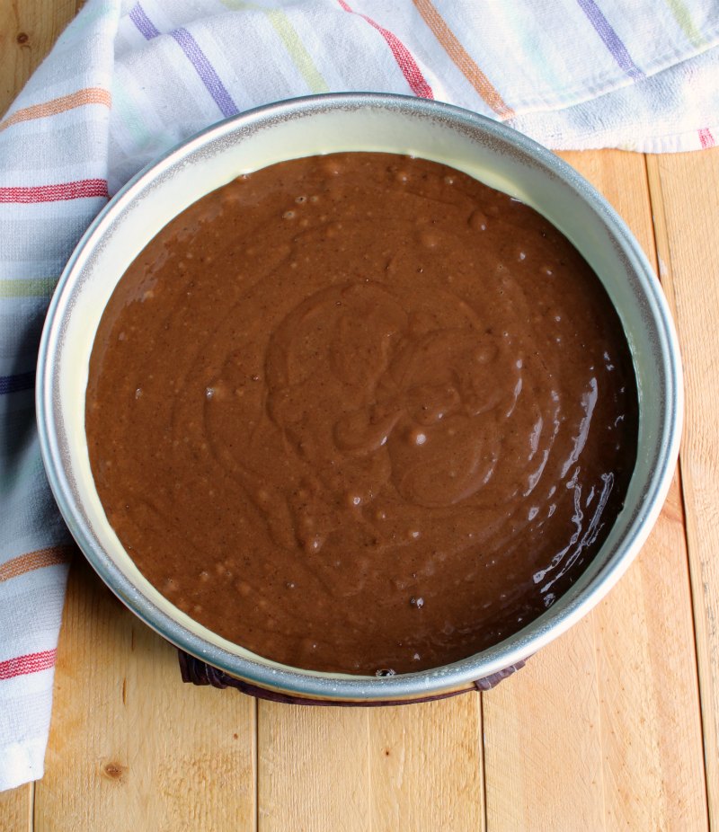 chocolate mayonnaise cake batter in pan, ready to bake.