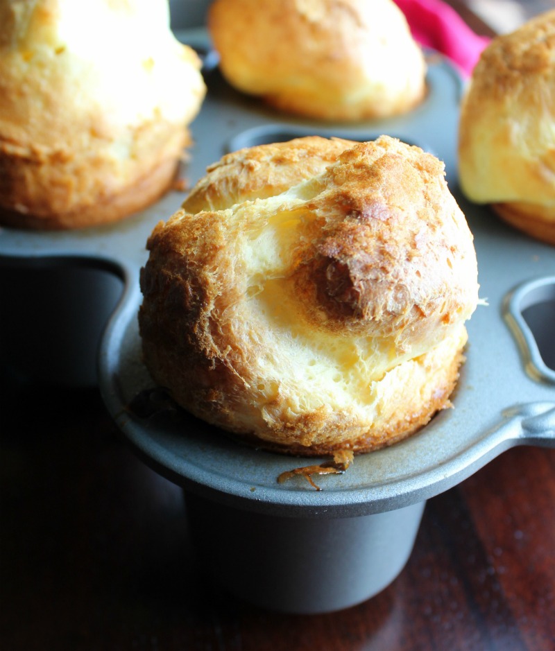 close up picture of a mushroomy popover in the pan