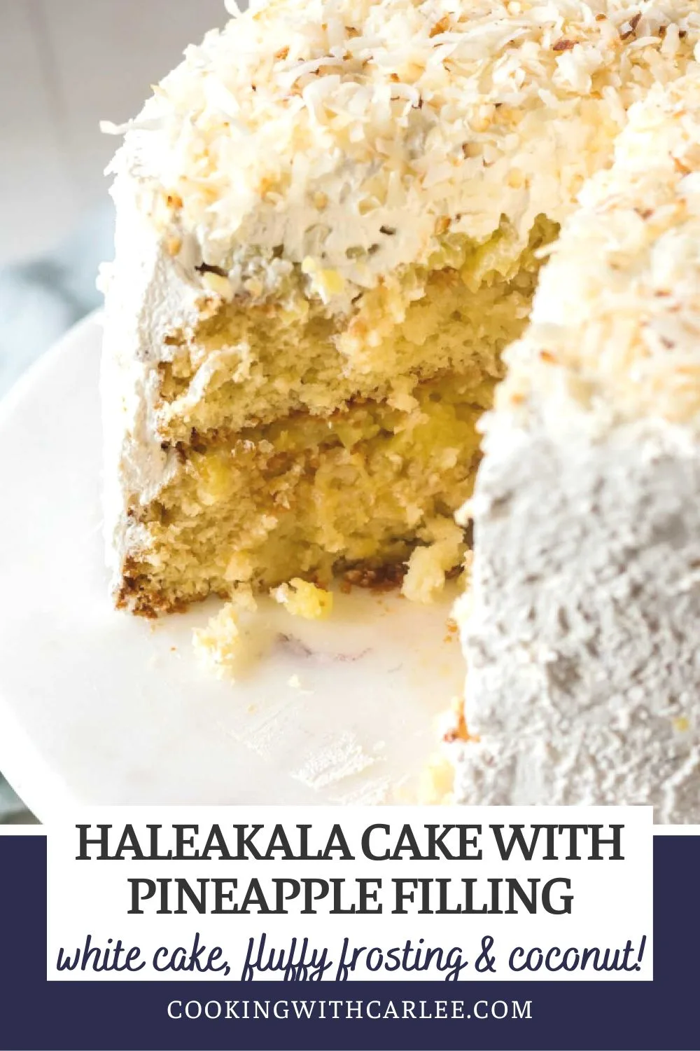 This Haleakala cake is so good. Two layers of soft white cake, a TON of pineapple filling and a white fluffy cloud of frosting. A little toasted coconut on top helps transport you to the tropics. It is a winner of a cake that will be requested time and again!