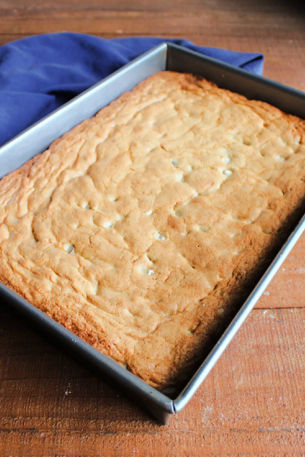 Pan of baked brown sugar bars showing nice golden top.