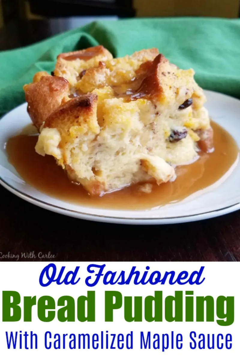 A classic bread pudding spiced with cinnamon and dotted with raisins is taken to the next level with a thick and buttery caramelized maple sauce. It is definitely an old timey comfort food dessert!