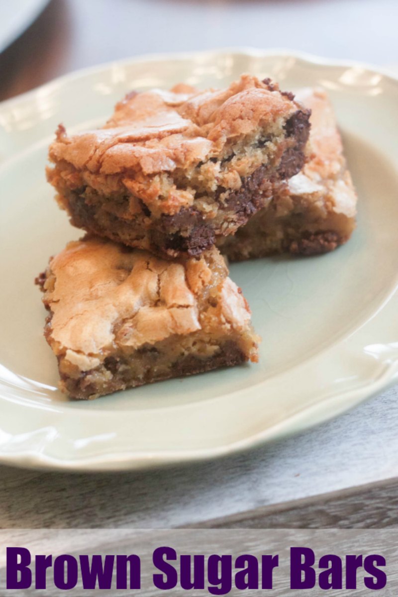 These cookie bars are loaded with brown sugar and chocolate chips. They are quick and easy to make and sure to satisfy your sweet tooth.