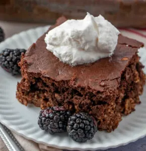close up of a piece of chocolate brownie baked oatmeal served with blackberries and whipped cream.
