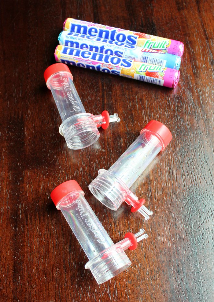 mentos and geyser tubes ready for soda fountains. 