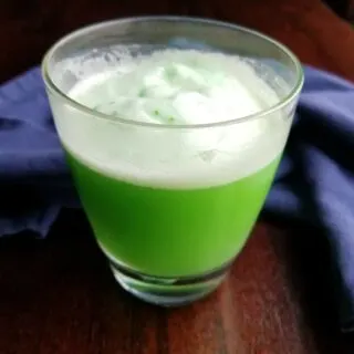 glass of green punch with foamy sherbet layer on top.